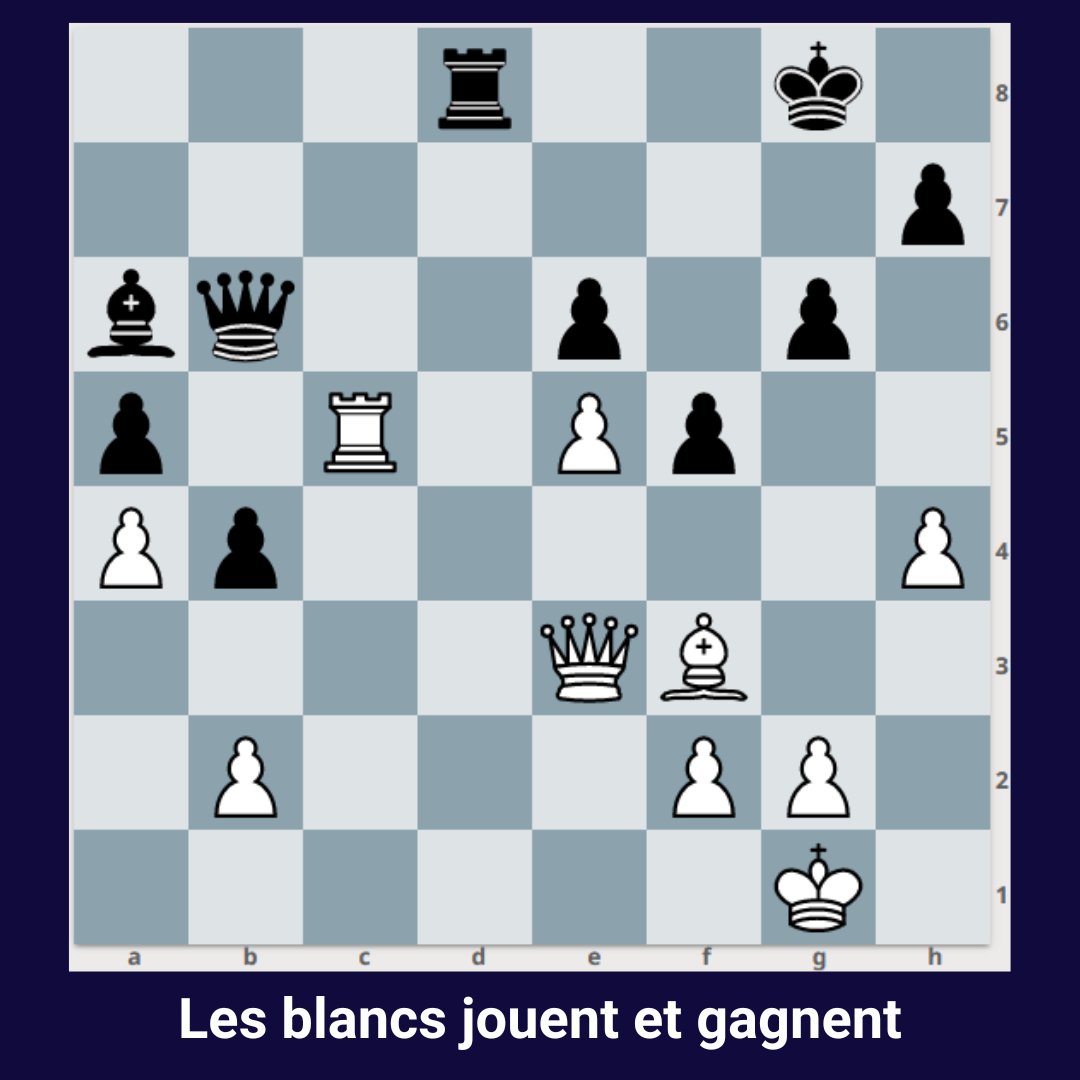 AppLesEchecs24h's tweet image. 🗝️Une jolie combinaison du grand Alexander Alekhine ! Saurez-vous la trouver ? Solution : apprendre-les-echecs-24h.com/exercices-eche…
❤️ Si vous avez la solution
🔂 Pour défier vos amis
💬 Dites nous en combien de temps
#echecs #chess