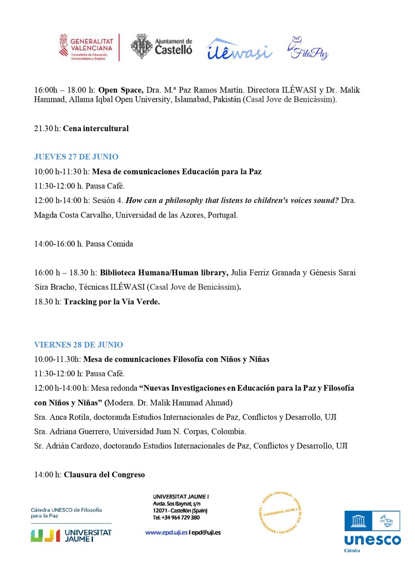 Entre los días 25 y 28 de julio, la Cátedra UNESCO de Filosofía para la Paz, junto con la Fundación Ilewasi, organiza el III Congreso Internacional de Educación para la Paz en diálogo con la Filosofía con niñas y niños.