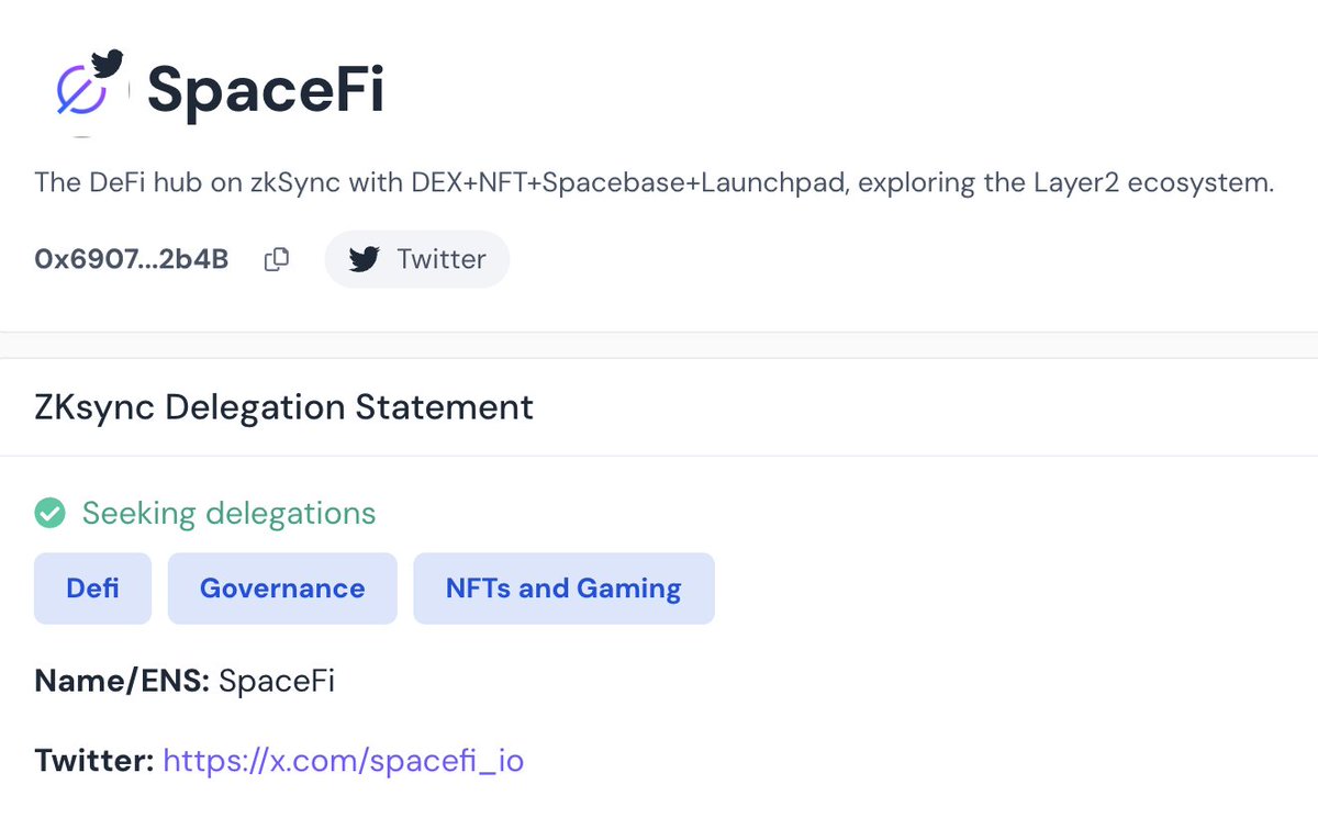 spacefi_io's tweet image. SpaceFi is thrilled out to be a Public Delegate of @TheZKNation !

Delegate your $ZK with us to join zkSync ecosystem building and community governance.

More benefits from #zkSync and SpaceFi growth to community.

delegate.zknation.io/dao/delegate/0…