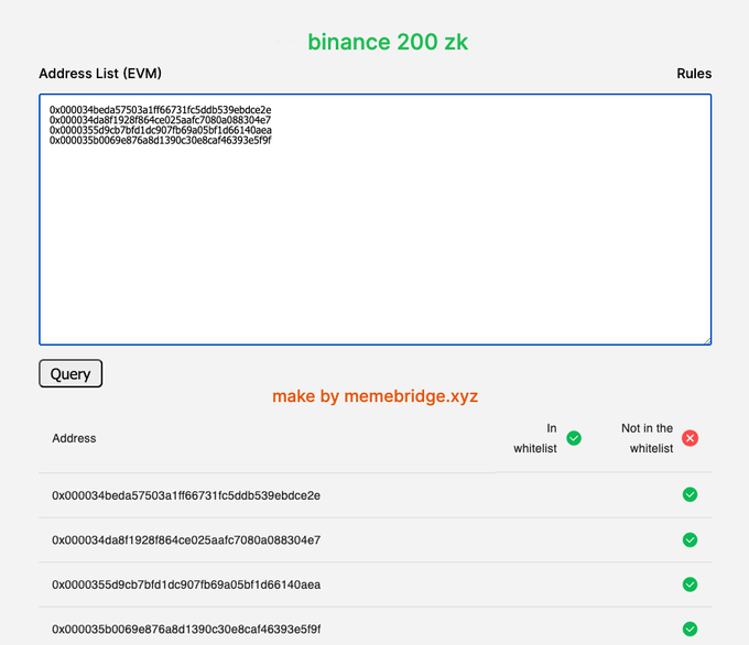 memebridger's tweet photo. Quickly check if you are eligible

Deposit 0.02ETH from the whitelisted address on the ZKSync ERA network in your Binance (FCFS). You can check if eligible in the whitelisted addresses:  Batch query address 👉: https://t.co/Gt0FwffNna https://t.co/BYfyB602En
