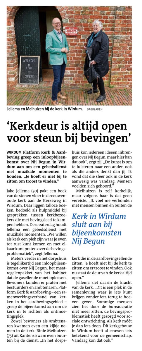 ‘Sommige mensen zien het door de bureaucratie niet meer zitten, de bevingsproblematiek heeft gezorgd voor sociale ontwrichting. Als kerk móét je dan iets doen. Dit kerkgebouw in Wirdum heeft al eeuwen iets betekend voor de gemeenschap.’
#NijBegun #inloopbijeenkomst
