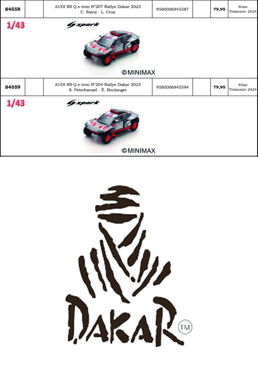 Dakar Rally by Spark 

PVP: 199,95 y 79,95€ 
Reservas en info@motorsport43.com

#motorsport43 #miniaturasdecompeticion #spark #sparkmodels #spark43 #escala43 #scale43 #escala143 #dakar #dakarrally #RallyDakar #Dakar2023 #AudiDakar #AudiRSQetron #Sainz #Peterhansel #ekstrom