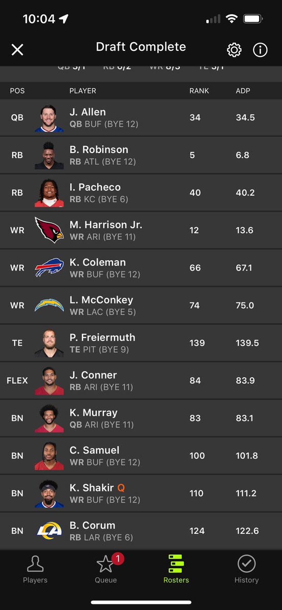 TheFlombay's tweet photo. @TheFFBallers  how’d I do in my first best ball draft ever? Love the show guys! Go Bills? https://t.co/7XO3pQI1bY