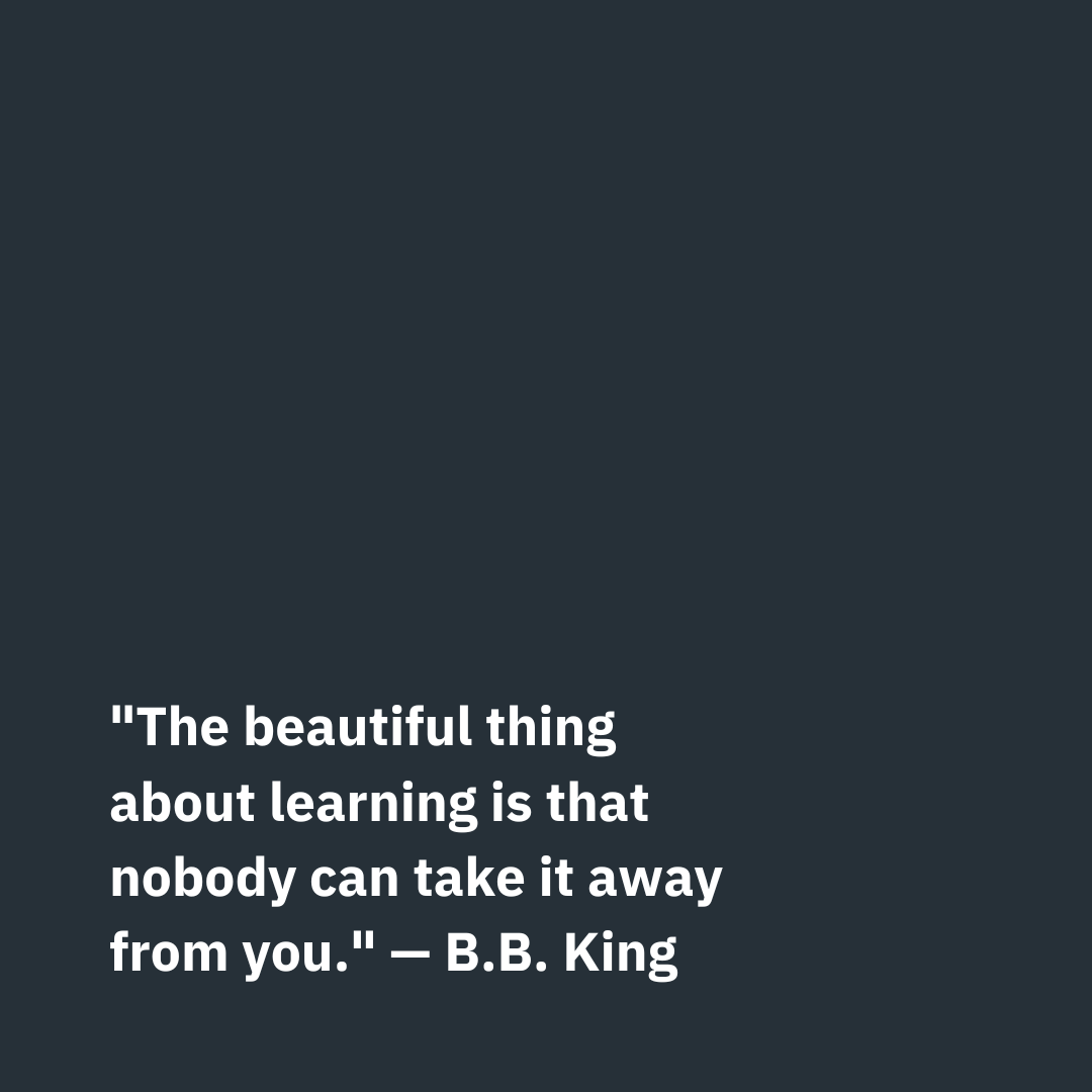 "The beautiful thing about learning is that nobody can take it away from you." — B.B. King