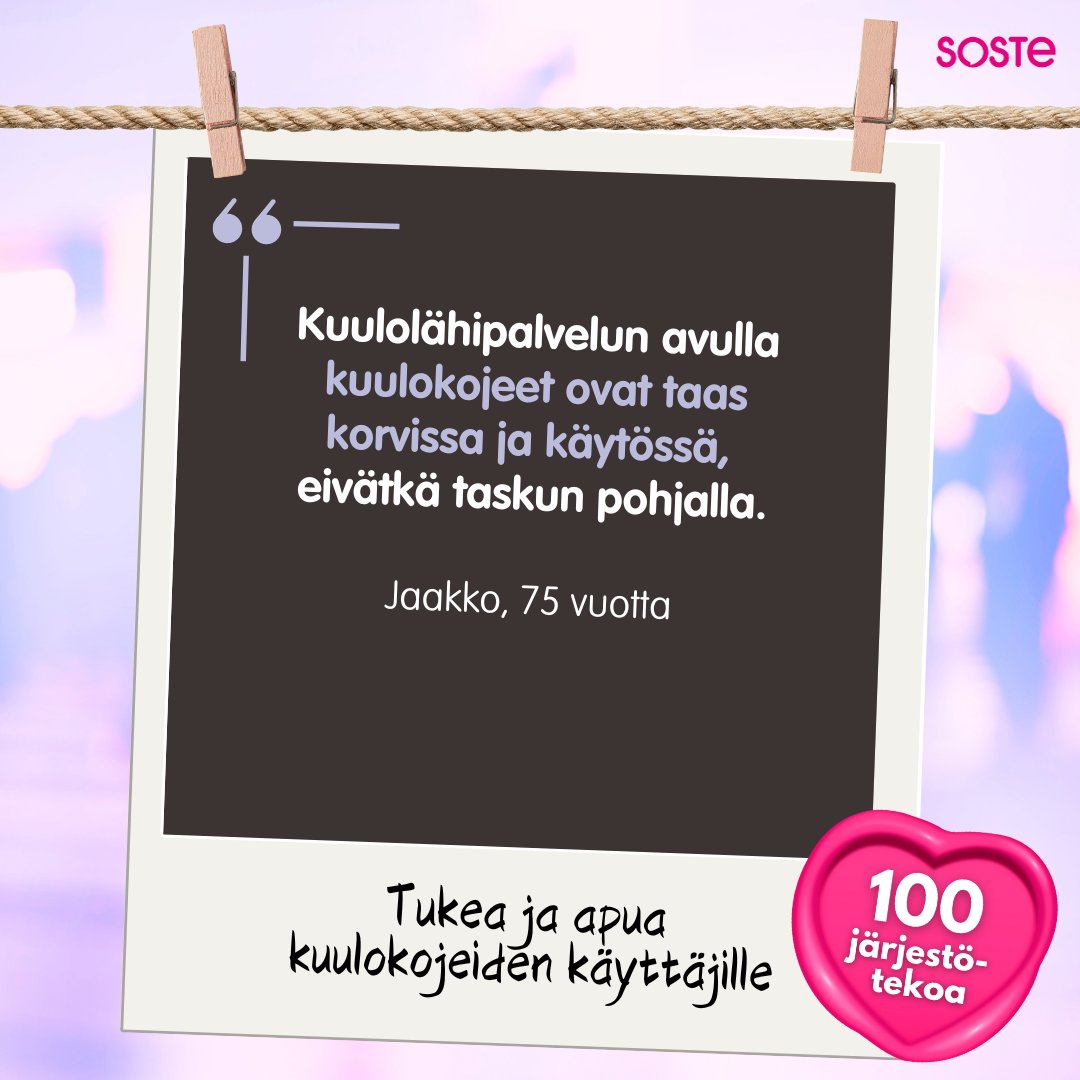 Kuuloliiton Kuulolähipalvelussa paikallisten kuuloyhdistysten koulutetut vapaaehtoiset neuvovat ja opastavat kuulovammaisia kuulokojeiden käytössä ja huollossa.

Päämääränä on ehkäistä erityisesti ikääntyneiden huonokuuloisten syrjäytymistä.

#100järjestötekoa #OnneksiOnJoku