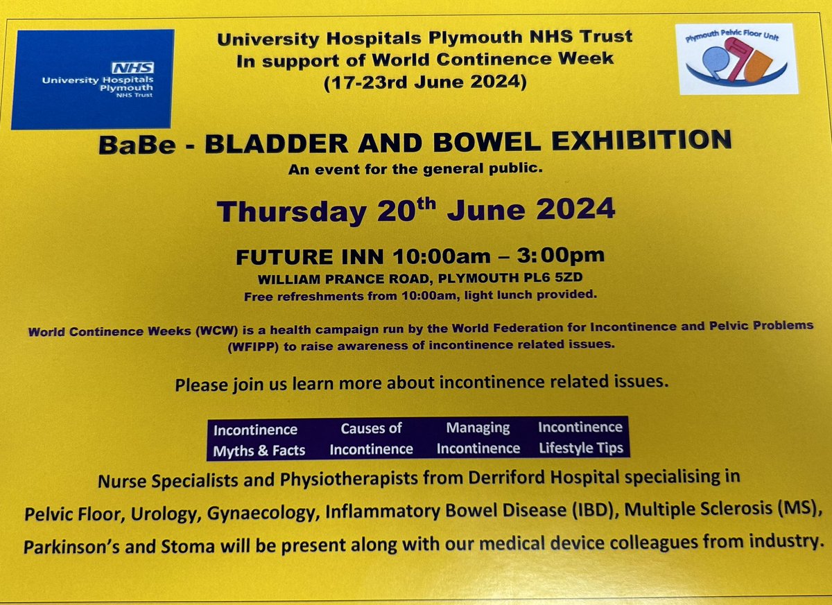 Not long to go until <a href="/UHP_NHS/">University Hospitals Plymouth NHS Trust</a> Team Pelvic Floor’s bladder and bowel exhibition at The Future Inn, Plymouth. Pop along for a great day <a href="/UHP_NHS/">University Hospitals Plymouth NHS Trust</a> @MountGouldHosp <a href="/DerrifordNurses/">UHP Nursing 💙</a> <a href="/SueClemow/">Sue Clemow</a> <a href="/Nickymetty/">Nicky Metcalfe</a> #plymouth