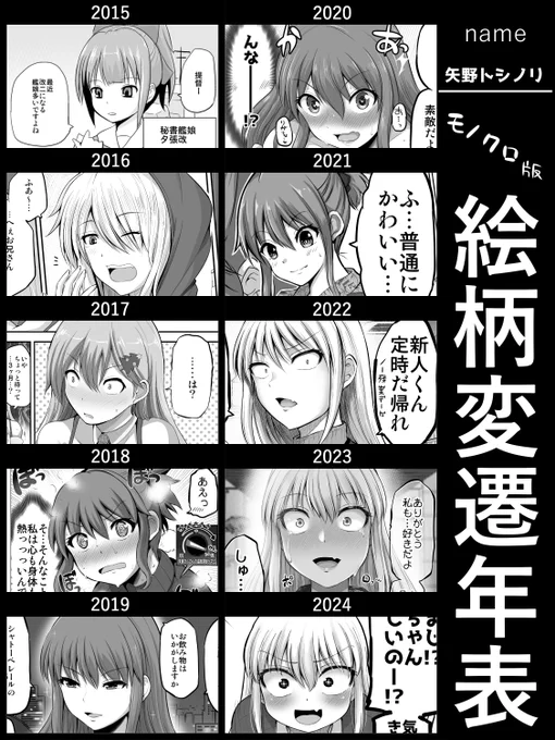 モノクロ版も作ってみた
こっちのほうが変化まだあるかも
#絵柄変遷年表 