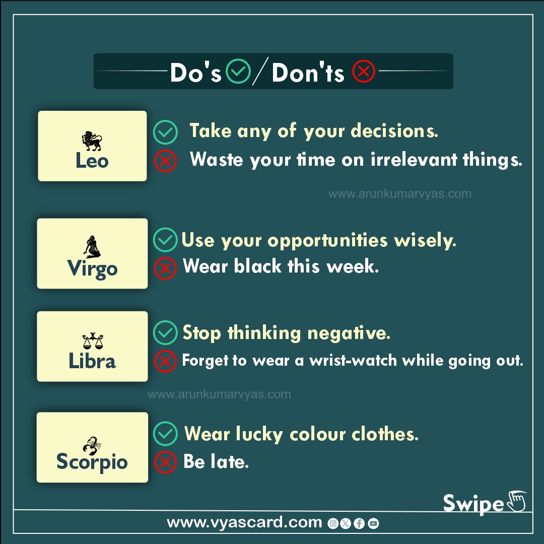 Arunastrology's tweet photo. Do's And Don'ts...
.
.
.
#arunkumarvyas #vyascard #astrology #aries #taurus #gemini #cancer #leo #virgo #libra #scorpio #sagittarius #capricorn #aquarius #pisces #zodiacsigns #astrologypost #opportunities #positivethoughts #mobilepassword https://t.co/SGJ8vOKcp9