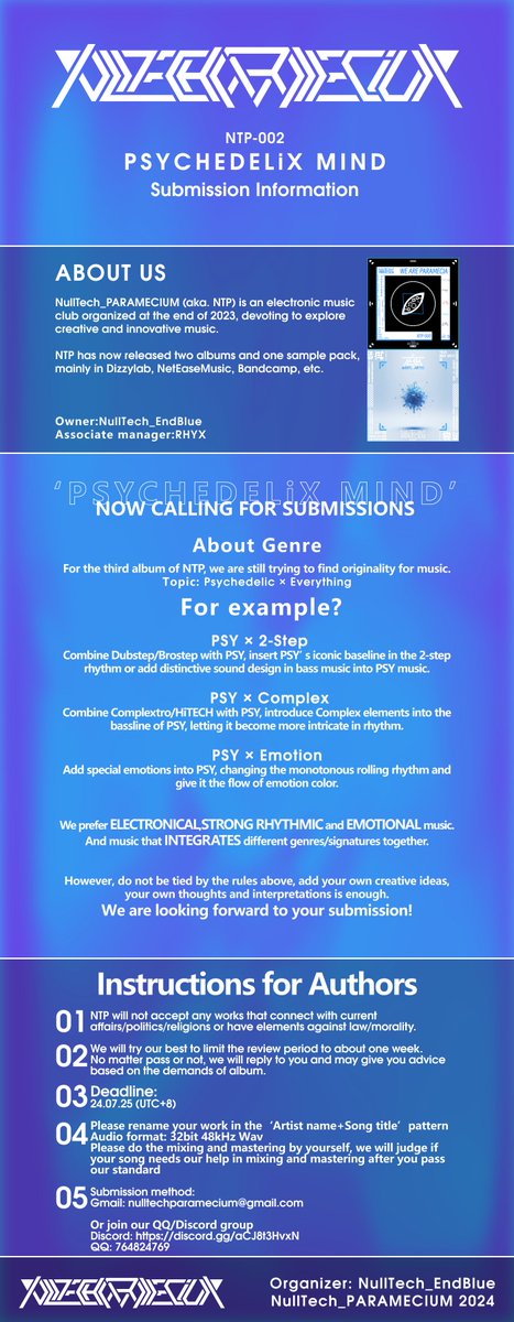 NullTech_'s tweet image. NullTech_PARAMECIUM 3rd album:PSYCHEDELiX MIND. SUBMISSIONS ARE OPEN NOW!!!!
But only one month for u may be a little challenging.
(・ω・)