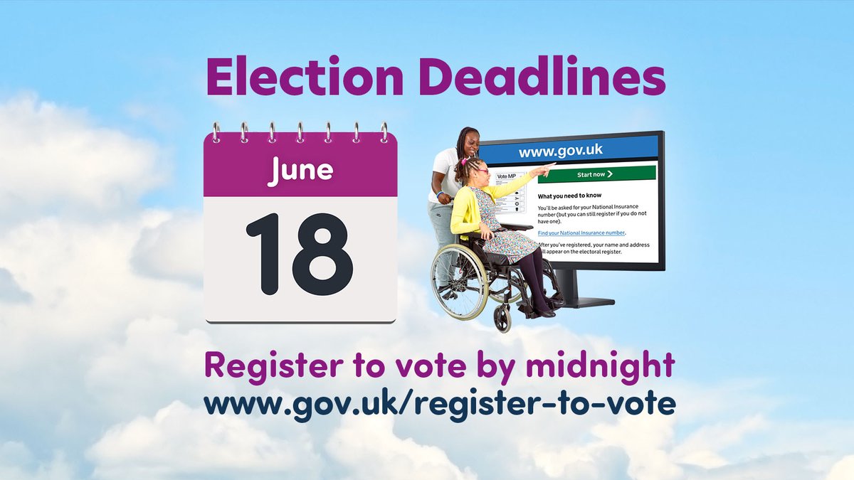 Are you registered to vote? Deadline is midnight Tuesday 18th June
 gov.uk/register-to-vo…
#GeneralElection #LearningDisability #EasyRead #MyVoteMyVoice
