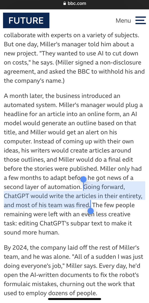 ednewtonrex's tweet photo. Generative AI replaces jobs. More in the growing trove of evidence for this here.

It’s crucial to remember that it does so by using the work of the people it replaces without permission. This is not business as usual in technological progress. https://t.co/DOiwH9Ag1C
