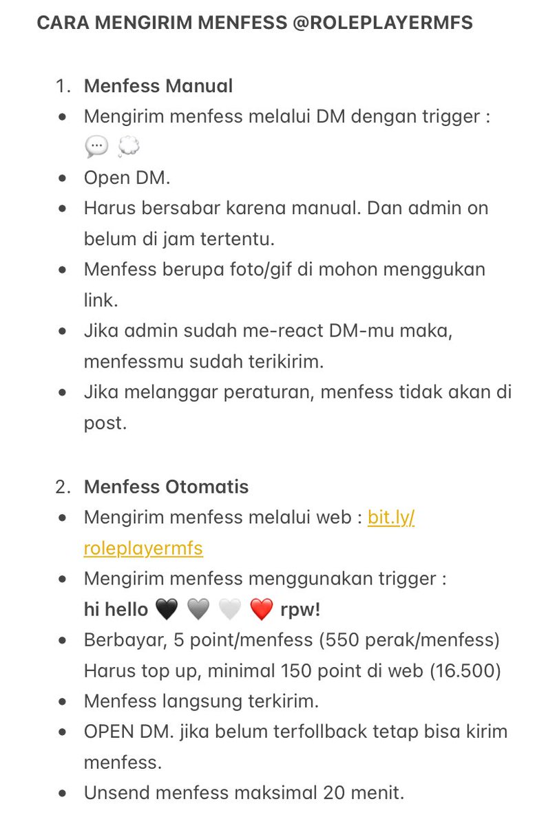 📌. 

Sistem menfess roleplayermfs menjadi semi-otomatis. Ada 2 cara dalam mengirim menfess:  

- Web kirim menfess (realtime) : bit.ly/roleplayermfs 
- Jika ingin mengirim menfess manual, kirim menfess melalui DM <a href="/roleplayermfs/">ROLEPLAYER | ON.</a> &amp; harus bersabar.