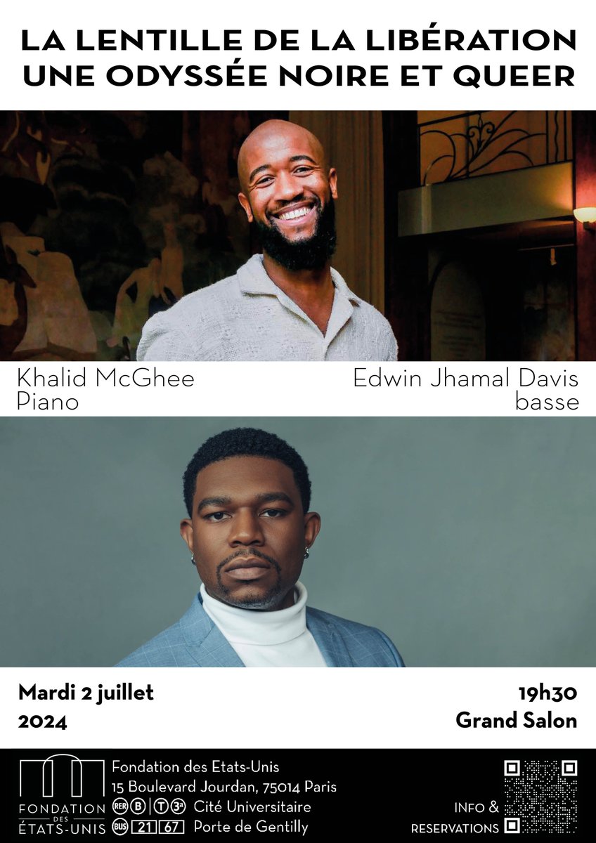 #Concert #LentilledelaLibération : Odysée Noire et Queer : présente une exploration musicale de l’intersectionnalité complexe de l’identité noire et queer. Rejoignez Khalid McGhee et Edwin Davis.

Inscription gratuite ⬇
📆 2/07 – 19h30
ℹ fondationdesetatsunis.org/fr/lentille-li…
#ciup #paris14