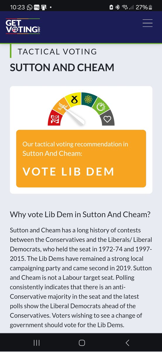 jasonjamesstone's tweet photo. It's clear that @LibDems are the best tactical voting option in Sutton and Cheam to #GTTO, just confirmed by @BestForBritain's GetVoting site.
"Voters wishing to see a change of government should vote for the Lib Dems."
#SuttonandCheam #Sutton #VoteLibDem
https://t.co/aEyf8TmVEL https://t.co/dS5DwibxSk