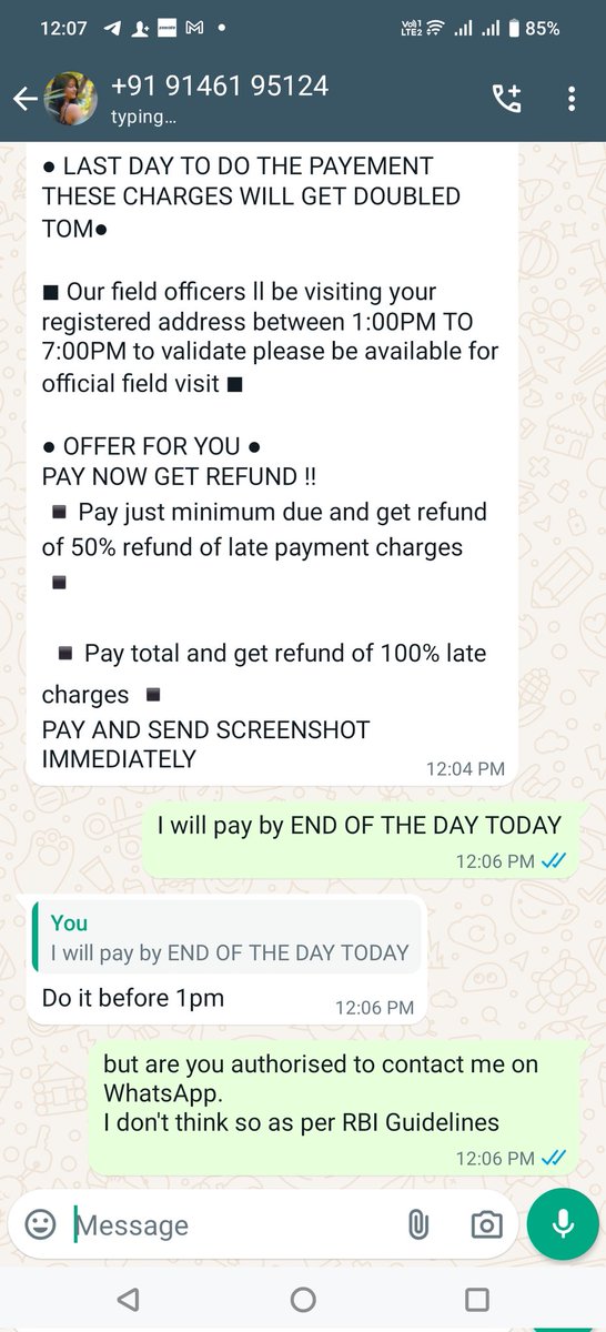 TravellerSquare's tweet photo. @GetOneCardIN @OneCardHelp #onecard ..Not willing to listen and using unfair means to threaten client on what's app messages and calls .. they don't do a normal call ... One screenshot of many calls attached for reference... https://t.co/hZY9m1tP63