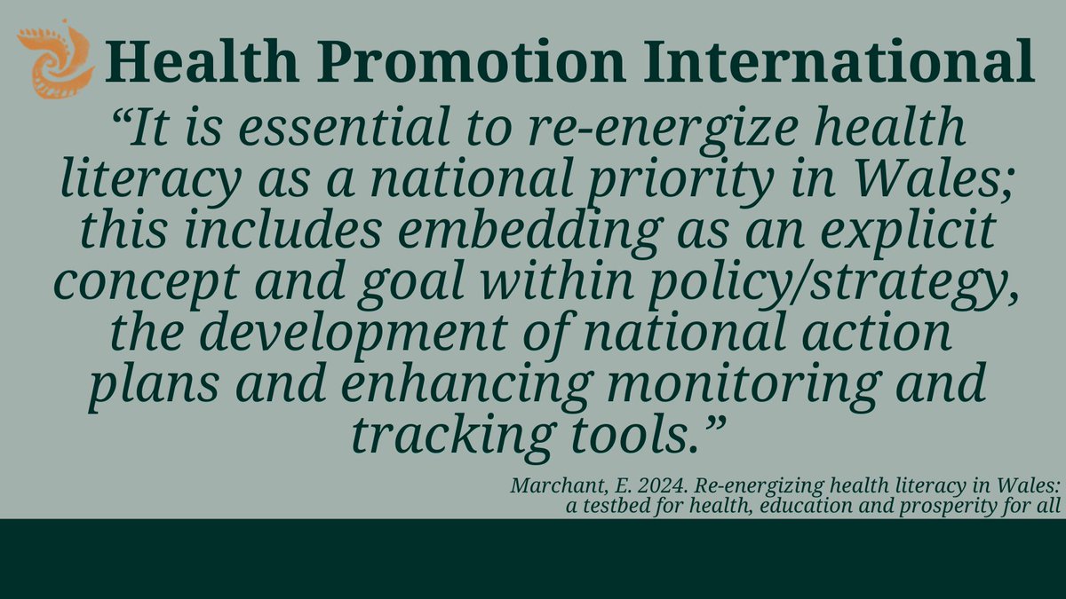 Health Promotion International (OUP) (@healthpromint) on Twitter photo 🔔 NEW at Health Promotion International
"Health literacy was identified as a priority in 2010 in Wales, however, progress has since stalled despite wider policy developments within health, social care, education and economy."
Read here: doi.org/10.1093/heapro… <a href="/emily_marchant/">Dr Emily Marchant</a> 🔔 NEW at Health Promotion International
"Health literacy was identified as a priority in 2010 in Wales, however, progress has since stalled despite wider policy developments within health, social care, education and economy."
Read here: doi.org/10.1093/heapro… <a href="/emily_marchant/">Dr Emily Marchant</a>