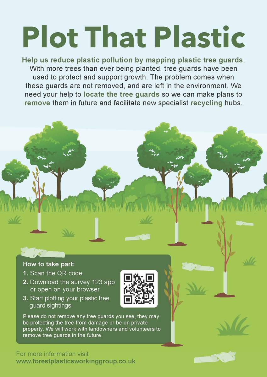 The Forestry Plastics Working Group have developed  "Plot That Plastic", a project aiming to map areas of plastic pollution from old tree guards. This will allow the tree guards to be removed from the environment and recycled. For more info see:
nottsbag.org.uk/2024/06/17/plo…