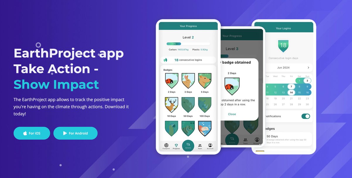 EarthProject app has new features! It now celebrates your actions for climate through badges, levels, XP, winning streak and more!
Free: earthproject.org
EarthProject app gives insights about climate change, suggests small actions everyone can take and shows your impact.