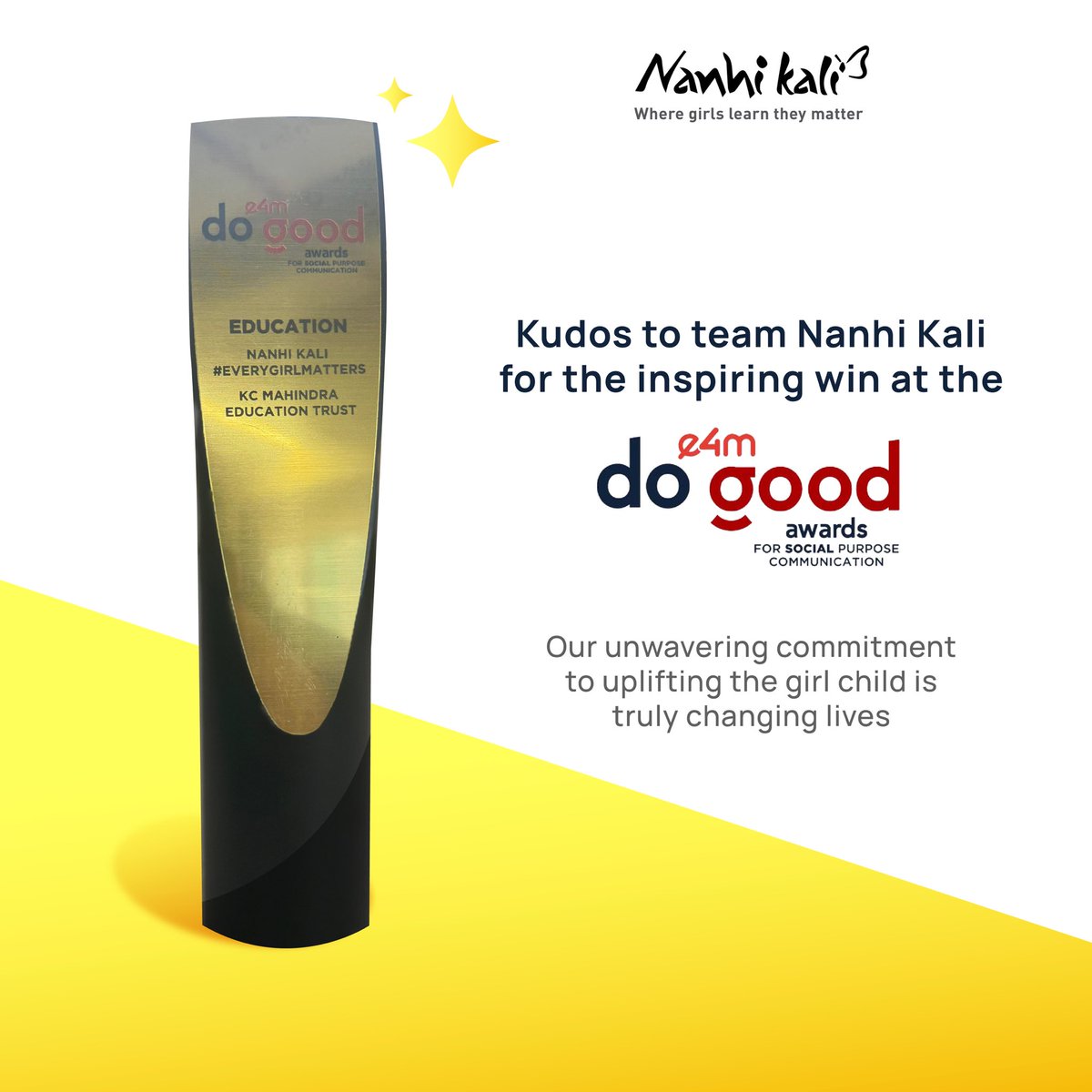 NanhiKali's tweet photo. Thrilled to announce that Project Nanhi Kali has won the @e4mtweets Do Good Awards for our impactful work in empowering underprivileged girls through education! ๐
Our mission to ensure #EveryGirlMatters continues stronger than ever!
#NanhiKali
#DoGoodAwards https://t.co/QGLKFeEznk