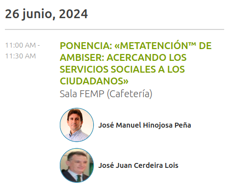 Ambiser's tweet photo. 📢 El @congresoCNIS se acerca y AMBISER realizaremos la ponencia "METAtención™: acercando los servicios sociales a los ciudadanos" con José Juan Cerdeira (@DeputacionOU) y José Manuel Hinojosa 

🗓️Miércoles 26 junio
🕚11h
ℹ️https://t.co/vEzwaTLlOc

¡Os esperamos! #CNIS #CNIS2024 https://t.co/GlJN5EcB4x