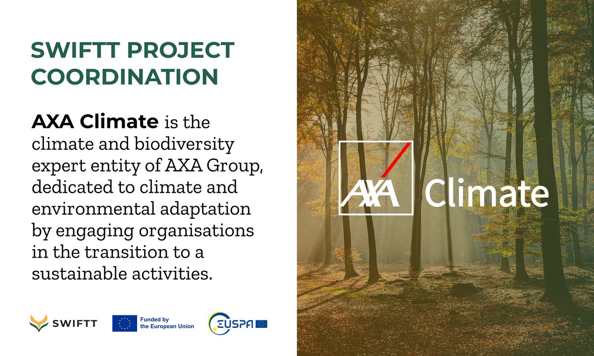 SWIFTT_Project's tweet photo. The SWIFTT consortium is proud to welcome its newest partner and project coordinator #AXAClimate! They are dedicated to climate and environmental adaptation by engaging organisations in the transition to a sustainable activities. Learn more: https://t.co/J8aaAchF8B https://t.co/wA8kpUUYrZ
