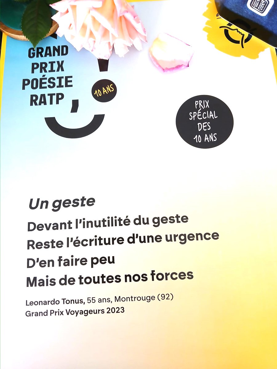 Às vezes, os planetas se alinham e você não sabe por quê!
Tenho o prazer de anunciar que acabei de ganhar o Grand Prix Poésie RATP-2024 pelo segundo ano consecutivo. E, desta vez, na categoria Grand Prix RATP - Especial 10 anos, melhor poema de todas as edições anteriores!