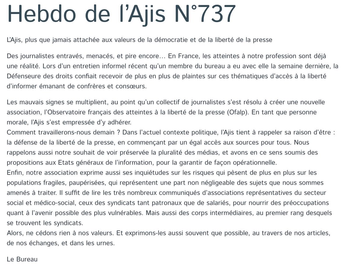 AJIS ➡️ @assoajis.bsky.social (@assoajis) on Twitter photo L'<a href="/assoajis/">AJIS ➡️ @assoajis.bsky.social</a> demeure plus que jamais attachée aux valeurs de la démocratie et de la liberté de la presse
Un édito à lire, à partager... Dans l'hebdo de cette semaine.
▶️ ajis.asso.fr/hebdo L'<a href="/assoajis/">AJIS ➡️ @assoajis.bsky.social</a> demeure plus que jamais attachée aux valeurs de la démocratie et de la liberté de la presse
Un édito à lire, à partager... Dans l'hebdo de cette semaine.
▶️ ajis.asso.fr/hebdo