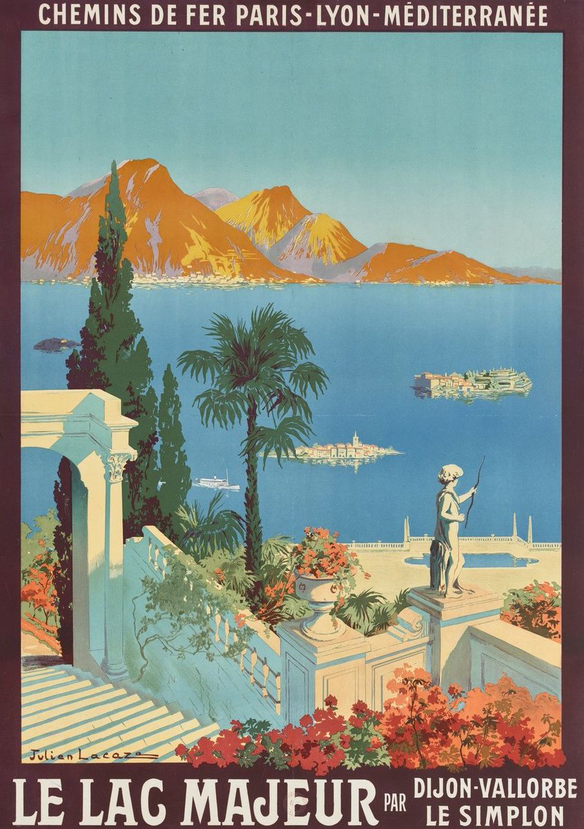 En ce lundi matin, l'équipe de Gallica vous propose de vous évader... au bord du lac Majeur, avec cette affiche des Chemins de fer Paris-Lyon-Méditerranée de 1913.🚊