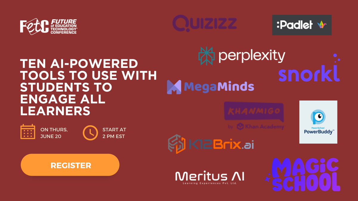 JenWomble's tweet image. #FETC Webinar this THURSDAY! Ten #AI-Powered Tools to Use with Students to Engage All Learners (June 20th 2 PM ET)
10 #artificalintelligence tools for students will be demoed live for you to see including:
K12Brix.ai presented by @ericcurts Christian Hernandez…