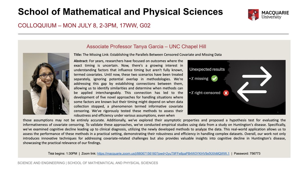 Join us for a talk by Assoc. Prof. Tanya Garcia from UNC Chapel Hill on bridging the gap between censored covariates and missing data. Discover 5 new methods for handling informative covariate censoring! 📅
