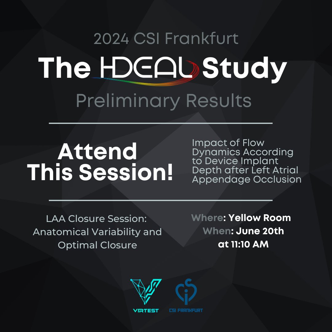 Virtest Technologies (@virtest_) on Twitter photo Join us at #CSIFrankfurt2024 as we will be presenting the preliminary results of IDEAL Study on June 20th!
🗓️ Date: Thursday, 6/20
🕚 Time: 11:10 AM📍
Location: Yellow Room
Speaker: <a href="/JordiMill/">Jordi Mill</a>
Don’t miss out—we’re excited to see you there!
<a href="/CSIcongress/">CSI Congress</a> #LAAO #simulations Join us at #CSIFrankfurt2024 as we will be presenting the preliminary results of IDEAL Study on June 20th!
🗓️ Date: Thursday, 6/20
🕚 Time: 11:10 AM📍
Location: Yellow Room
Speaker: <a href="/JordiMill/">Jordi Mill</a>
Don’t miss out—we’re excited to see you there!
<a href="/CSIcongress/">CSI Congress</a> #LAAO #simulations