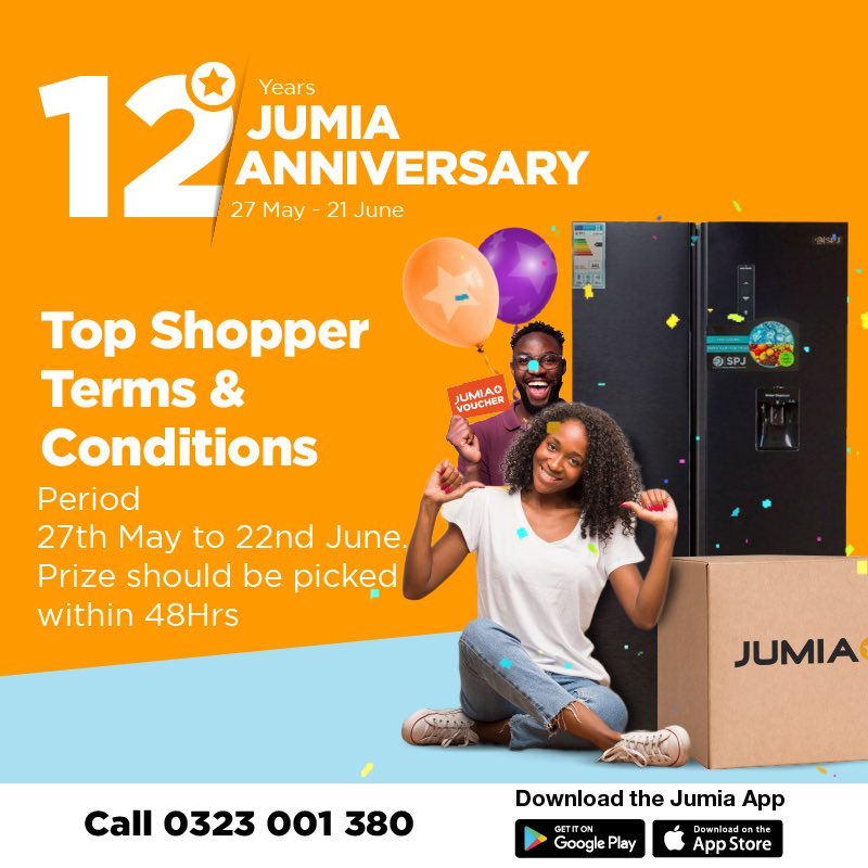 4 days to the end of #JumiaAnniversary!! 

Shop Big &amp; Win Bigger 🎉 

Become the top shopper and win a humongous SPJ fridge 🥳🥳

Shop here >> t.ly/__nNq