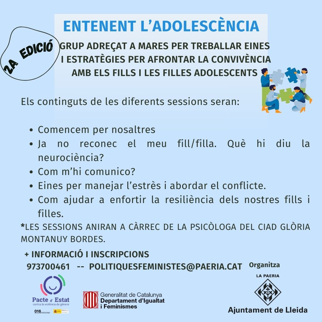 Després de l'èxit de la primera edició oferim aquest mes de juliol una segona edició per a les que no vau poder participar.
Us podeu inscriure al 973700461 o fent un e-mail politiquesfeministes@paeria.cat

@ajuntamentdelleida
