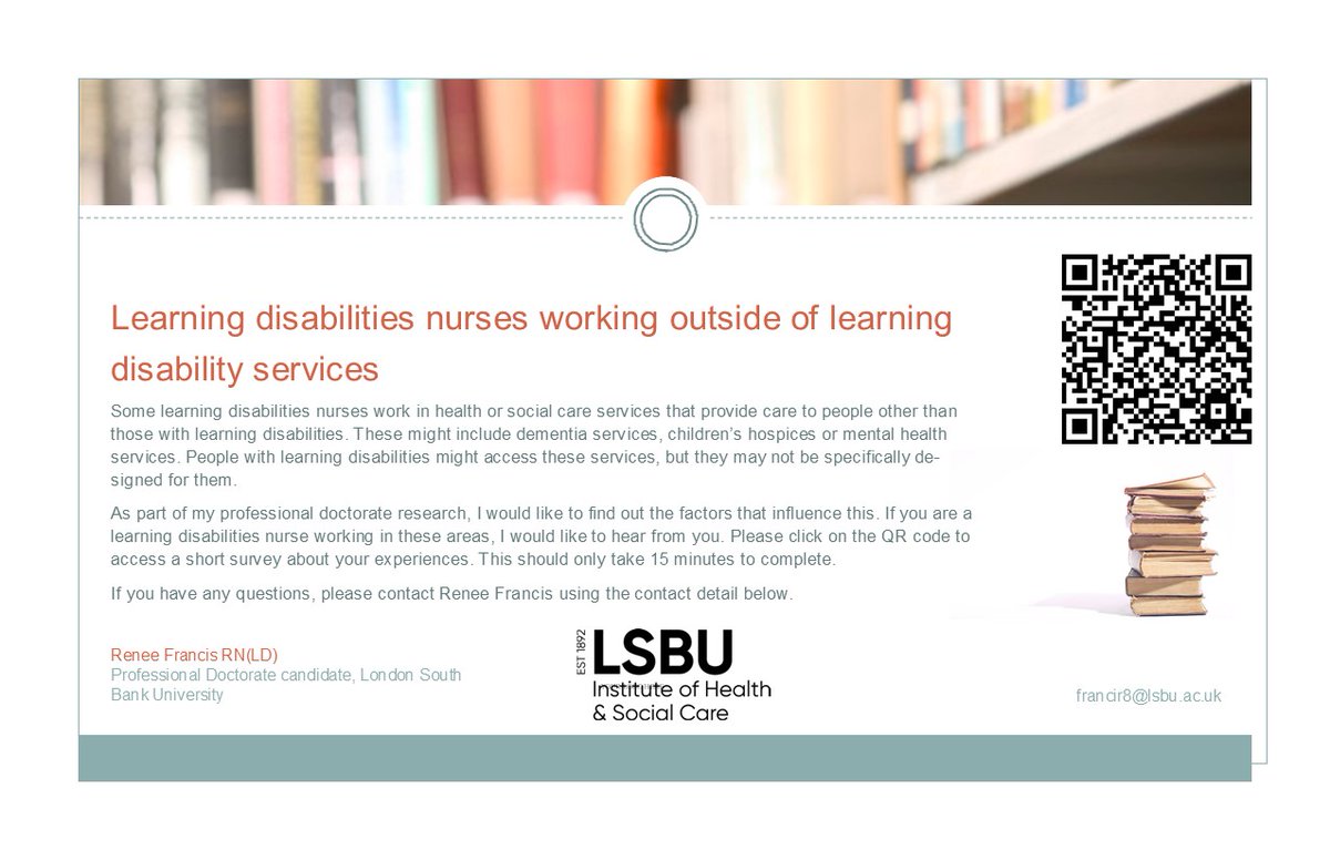 If you're an RNLD who has worked or is working outside of learning disabilities service, please complete my survey. You can access it through this link app.onlinesurveys.jisc.ac.uk/s/lsbu/employm… or through the QR code below  Thank you!