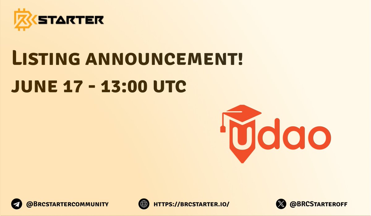 BRCStarters,

<a href="/udao_official/">udao</a> will list its $UDAO token today, June 17 at 13:00 UTC following the details:

Trading will be live at 13:00 UTC on @gate_io and <a href="/MEXC_Official/">MEXC</a> 
- gate.io/trade/UDAO_USDT
- mexc.com/exchange/UDAO_… 

✅ Claim will be open at 13:15 UTC, here: