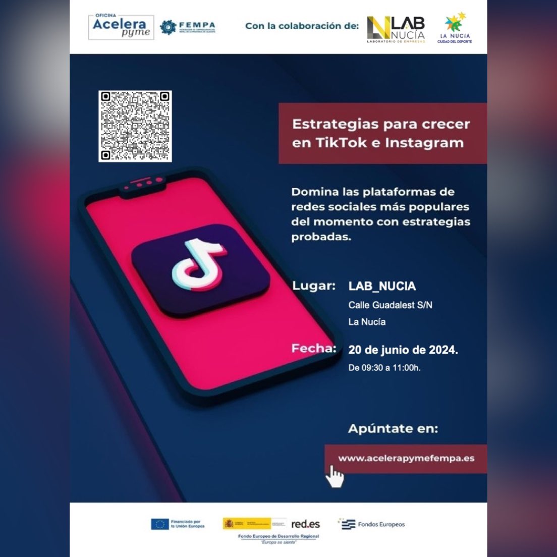 📲Si quieres aprender a utilizar #Instagram y #TikTok, no te puedes perder la próxima Jornada de Digitalización!

📆Jueves 20 de junio.
⏰A las 09:30h.
⚠️Plazas limitadas.

✍🏻 Inscríbete ya: lab.lanucia.es/Taller-TikTok-…

#MadeByLaNucia #Emprendedores #Autonomos #Empresarios