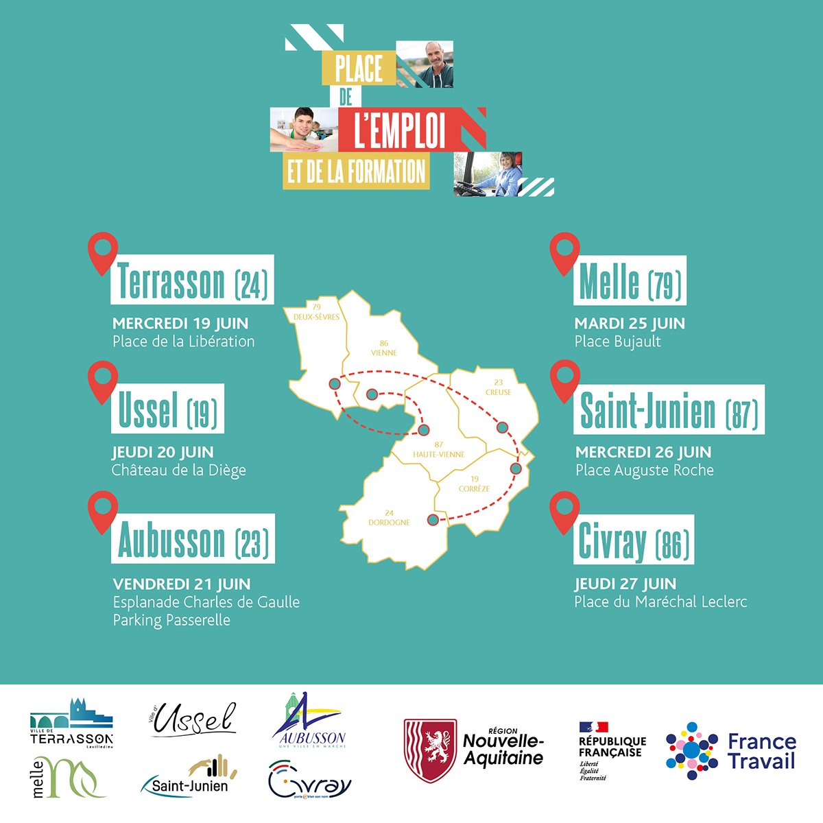 📆 En juin, 6 dates dans 6 départements !

19 juin #Terrasson
20 juin #Ussel
21 juin #Aubusson
25 juin #Melle
26 juin #SaintJunien
27 juin #Civray

Toutes les infos 🔗 tinyurl.com/Place-Emploi-F…