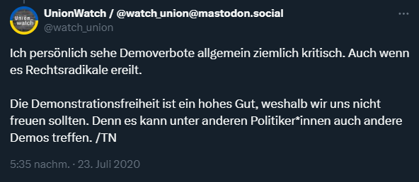 PolitBanause's tweet photo. Natürlich kann man das Grundgesetz auch bei Leuten verteidigen, dessen Meinung man grundlegend ablehnt. Die man sogar als Person ablehnt.
2020 schrieb ich z.B., dass ich Demoverbote bei Rechtsradikalen allgemein ziemlich kritisch sehe. #StarkWatzinger #Doering #FDP https://t.co/1SV4fM4HoK