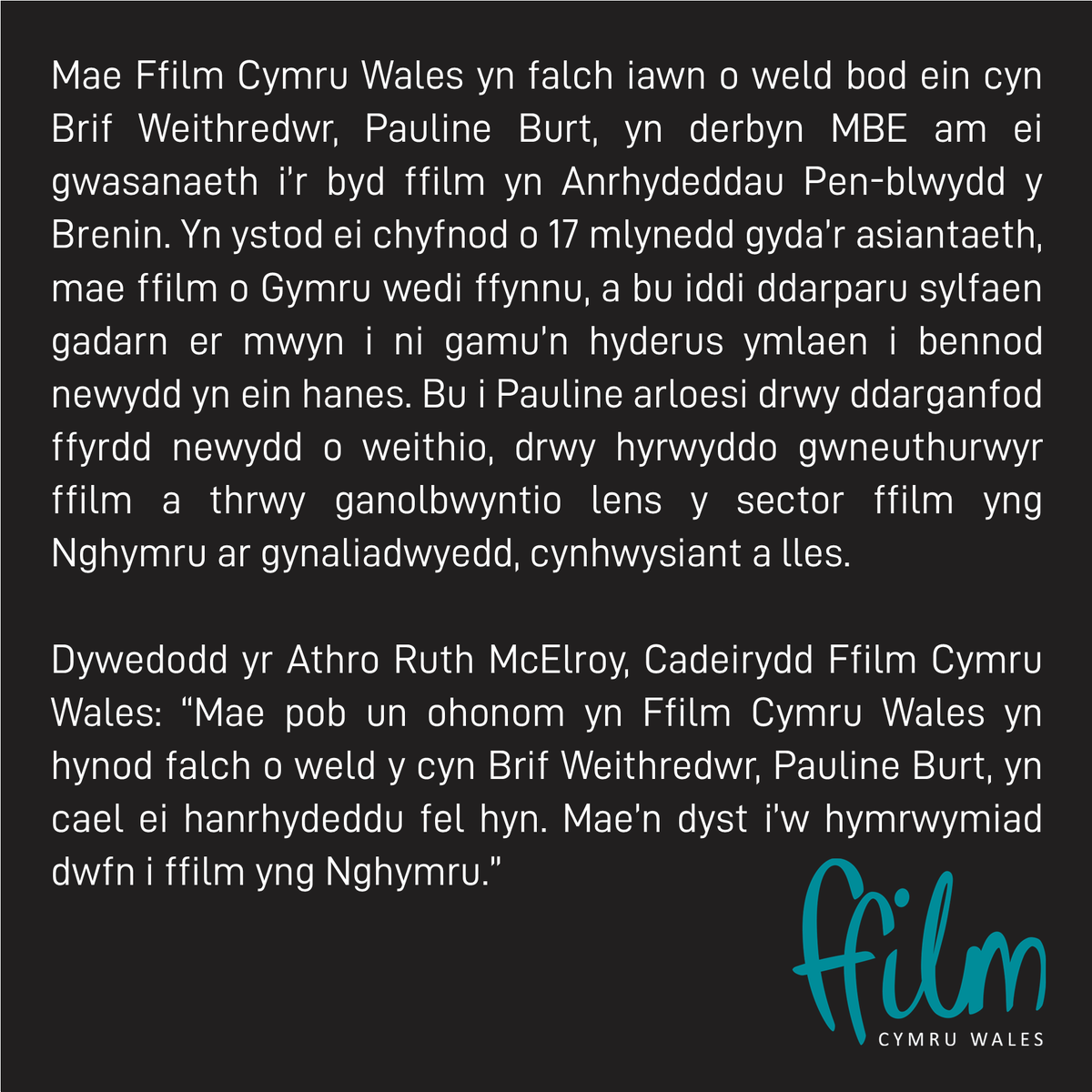 FfilmCymruWales's tweet photo. Ffilm Cymru Wales is delighted to see Pauline Burt receive an MBE for services to film in the King's Birthday Honours.
Mae Ffilm Cymru Wales yn falch iawn o weld bod Pauline Burt, yn derbyn MBE am ei gwasanaeth i’r byd ffilm yn Anrhydeddau Pen-blwydd y Brenin. https://t.co/onwFGRfGLu