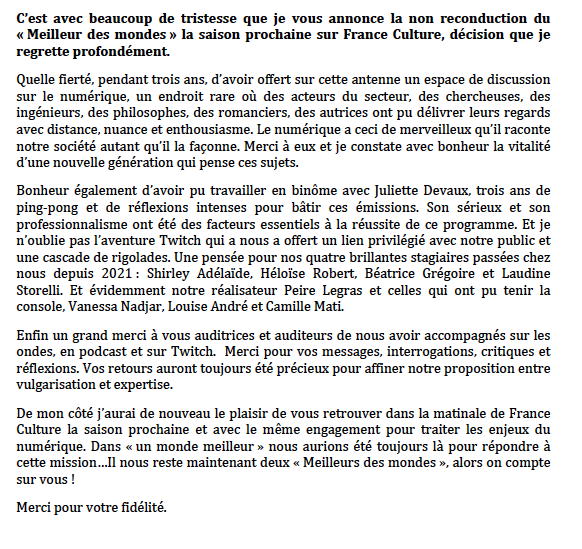 François Saltiel (@fsaltiel) on Twitter photo C’est avec beaucoup de tristesse que je vous annonce la non reconduction de <a href="/LeMeilleurdesM/">Le Meilleur des mondes</a> la saison prochaine sur <a href="/franceculture/">France Culture</a> , décision que je regrette profondément 👇 C’est avec beaucoup de tristesse que je vous annonce la non reconduction de <a href="/LeMeilleurdesM/">Le Meilleur des mondes</a> la saison prochaine sur <a href="/franceculture/">France Culture</a> , décision que je regrette profondément 👇