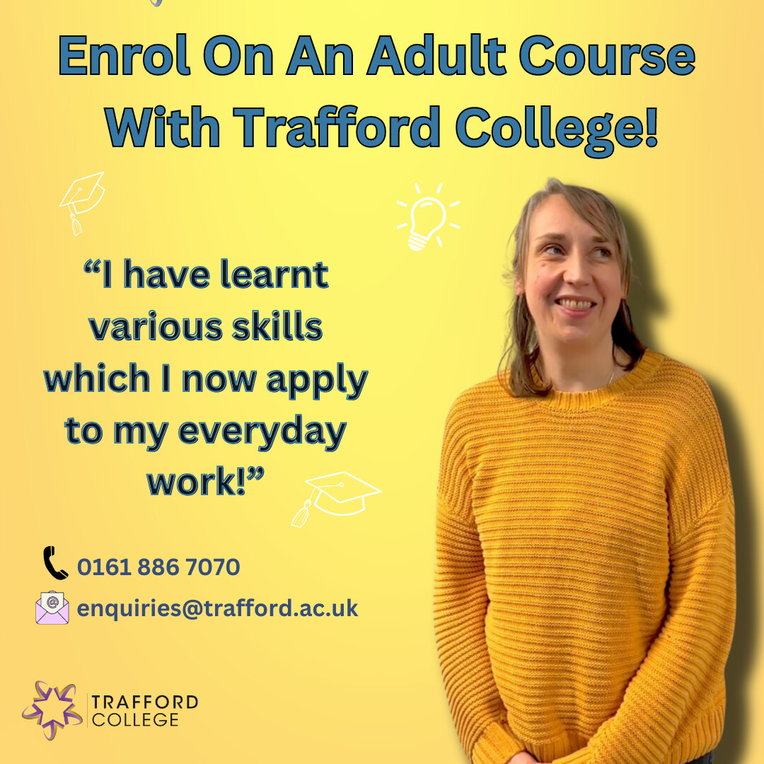 🙌Enrol in an adult course with Trafford College and develop your skills for life!

Did you know that many of our adult courses are funded?... Contact the team to find out if you are eligible!

#trafford #adultcourses #adultlearning