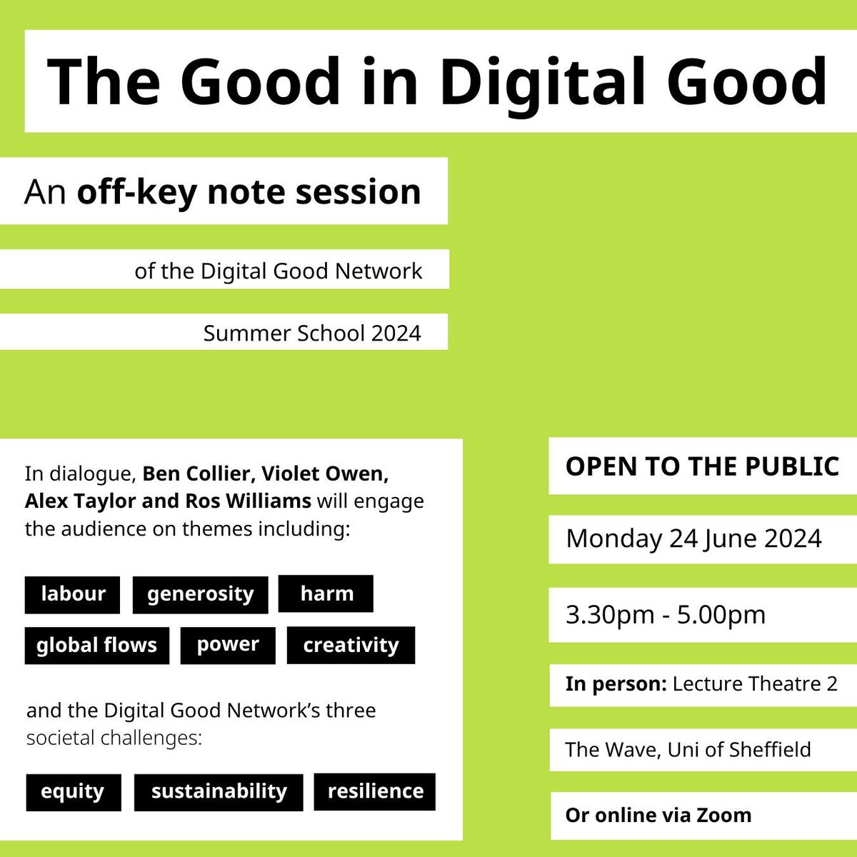 ESRC Digital Good Network (@digitalgoodnet) on Twitter photo Only a week left to get your free ticket (online or in-person) for our Off-Key Note Session at our event in #Sheffield on Mon 24 June.
Join a discussion different to the norm - in person or online
With <a href="/alxndrt/">alextaylor@dair-community.social</a> @JohnnyHistone @VIOLETSrFL0WERS & <a href="/roswillz/">ros williams</a>
buff.ly/4cr6ssB Only a week left to get your free ticket (online or in-person) for our Off-Key Note Session at our event in #Sheffield on Mon 24 June.
Join a discussion different to the norm - in person or online
With <a href="/alxndrt/">alextaylor@dair-community.social</a> @JohnnyHistone @VIOLETSrFL0WERS & <a href="/roswillz/">ros williams</a>
buff.ly/4cr6ssB