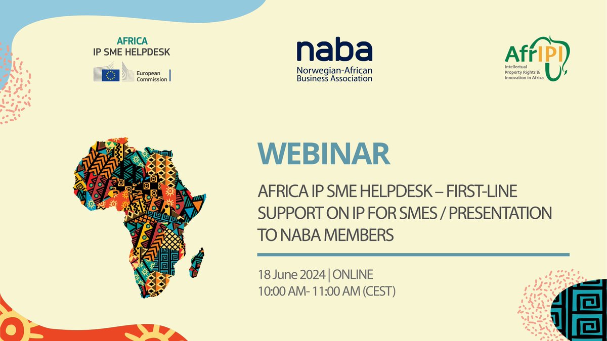 Intellectual Property in Africa (@africaipr) on Twitter photo Happening Tomorrow❗
📢Are you a European #SME with questions about #IntellectualProperty in Africa❓ Don’t miss this insighful webinar to learn about the #free, high-quality and first-line IP assistance offered by the #AfricaIPSMEHelpdesk
More info➡…ectual-property-helpdesk.ec.europa.eu/news-events/up… Happening Tomorrow❗
📢Are you a European #SME with questions about #IntellectualProperty in Africa❓ Don’t miss this insighful webinar to learn about the #free, high-quality and first-line IP assistance offered by the #AfricaIPSMEHelpdesk
More info➡…ectual-property-helpdesk.ec.europa.eu/news-events/up…
