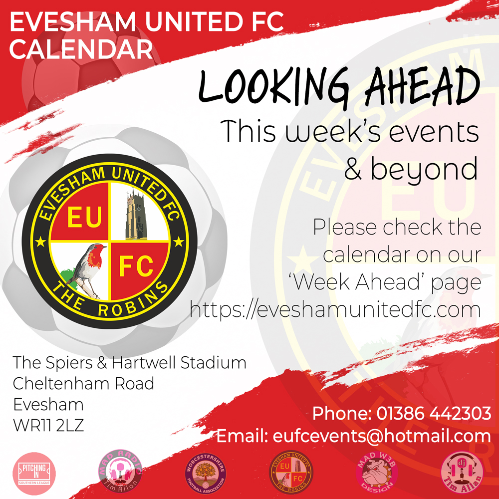 Evesham United FC (@eveshamunitedfc) on Twitter photo 📢LOOKING AHEAD
🗣This week's events & beyond
📅View our calendar on our week ahead page
🌐eveshamunitedfc.com/24772-2/
☎️01386 442303
📩eufcevents@hotmail.com
📍The Spiers & Hartwell Stadium, Cheltenham Road, Evesham, WR11 2LZ
👀See Ad 📢LOOKING AHEAD
🗣This week's events & beyond
📅View our calendar on our week ahead page
🌐eveshamunitedfc.com/24772-2/
☎️01386 442303
📩eufcevents@hotmail.com
📍The Spiers & Hartwell Stadium, Cheltenham Road, Evesham, WR11 2LZ
👀See Ad
