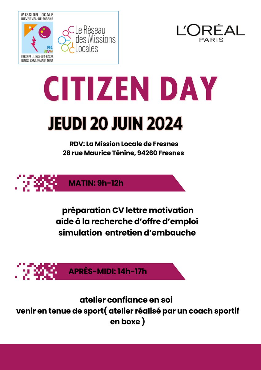 📢 Journée Citoyenne à Fresnes - Jeudi 20 Juin 2024 📢

Rejoignez-nous pour une journée exceptionnelle à la Mission Locale de Fresnes ! 🏠✨

Atelier Confiance en Soi 💪
Coaché par un expert en boxe 🥊
Venez en tenue de sport !