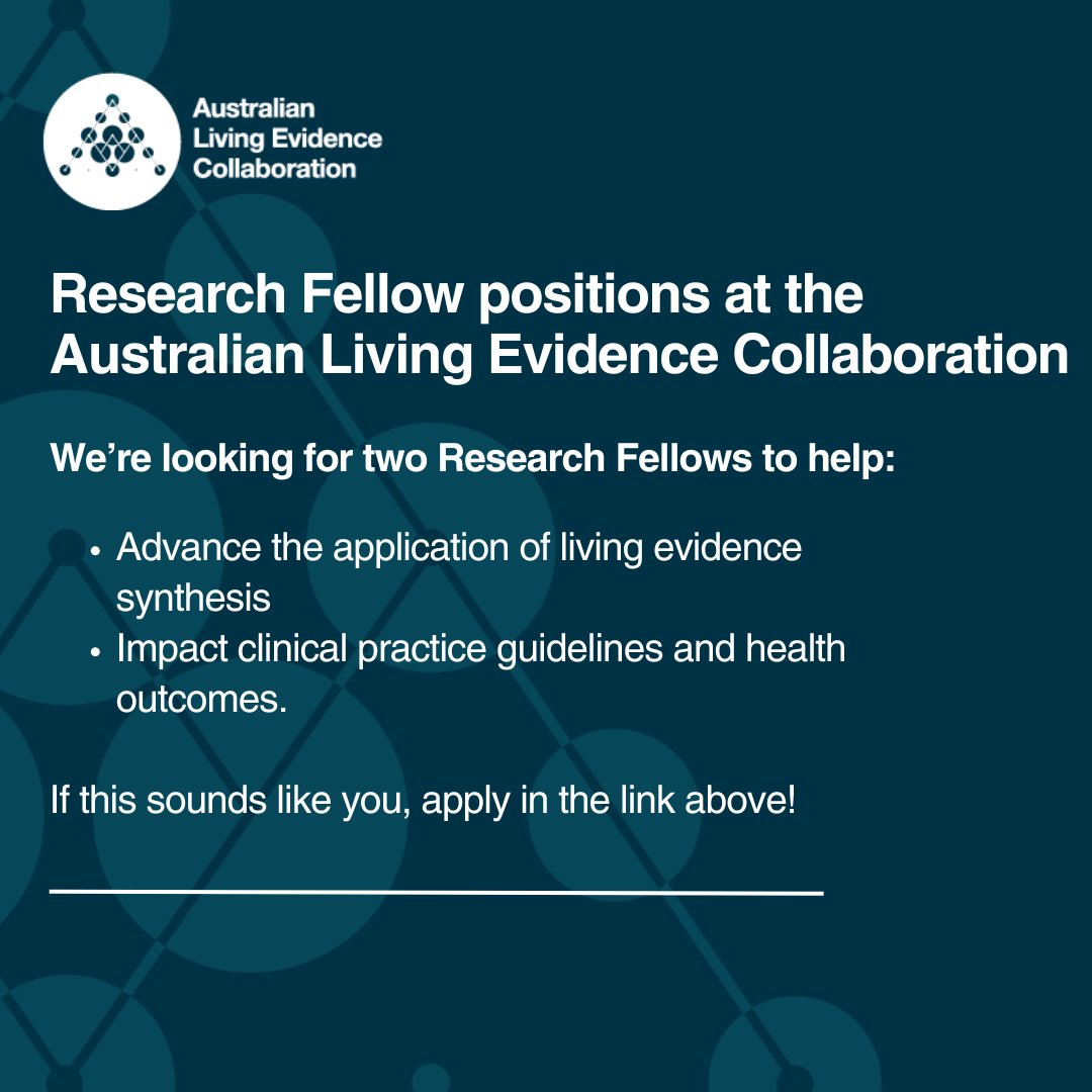 Do you want to work with us? 

We're looking to fill two Research Fellow positions for <a href="/CochraneAus/">Cochrane Australia</a> and ALEC!

If you want to help us advance the application of living evidence synthesis for #livingguidelines, apply below for more info: 
bit.ly/4cdSNoo

<a href="/Tari_Turner/">Tari Turner</a>