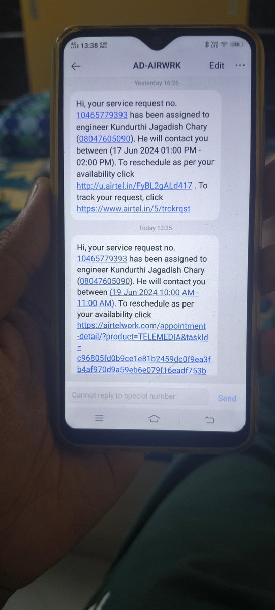 krishna208's tweet photo. @airtelindia Today I was sitting holding the mobile in my hands just to make sure that I will not miss the agent call. He simply moved the ticket to 19th. @airtelindia what is the next step? Close the ticket saying customer is not worth the visit? https://t.co/X2DUz4gCNb