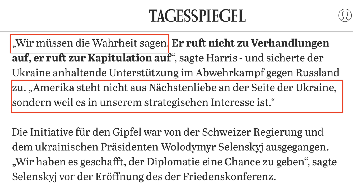 Be honest and frank like <a href="/VP/">Vice President JD Vance</a>!🫣

US-Vizepräsidenten <a href="/KamalaHarris/">Kamala Harris</a> erklärt auf dem "#Ukraine-Friedensgipfel" in der Schweiz: 
„Wir müssen die Wahrheit sagen (...). Amerika steht nicht aus Nächstenliebe an der Seite der Ukraine, sondern weil es in unserem strategischen Interesse