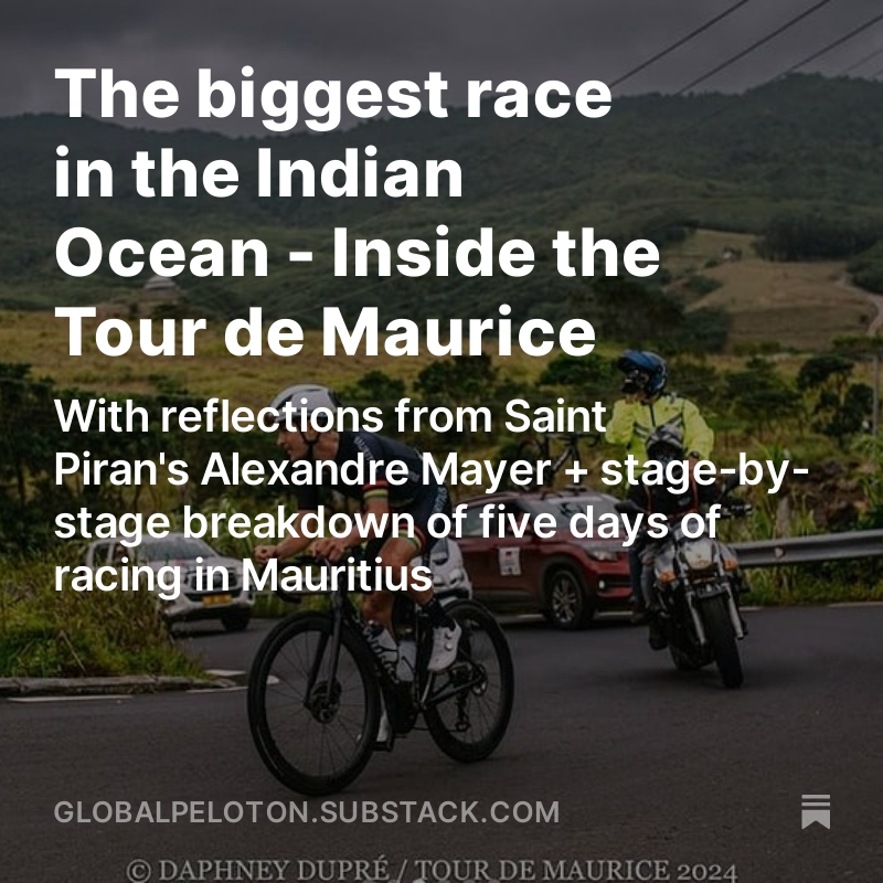 The success of the #TourdeMaurice typifies the remarkable growth of cycling on the small island nation of Mauritius 🇲🇺

Here's my report of the racing over the last week, with insight from <a href="/AlexandreMayer4/">Alexandre Mayer</a> of <a href="/SaintPiranTeam/">Saint Piran Pro Cycling /Service Course</a> 

Read: open.substack.com/pub/globalpelo…

📸 Daphney Dupré