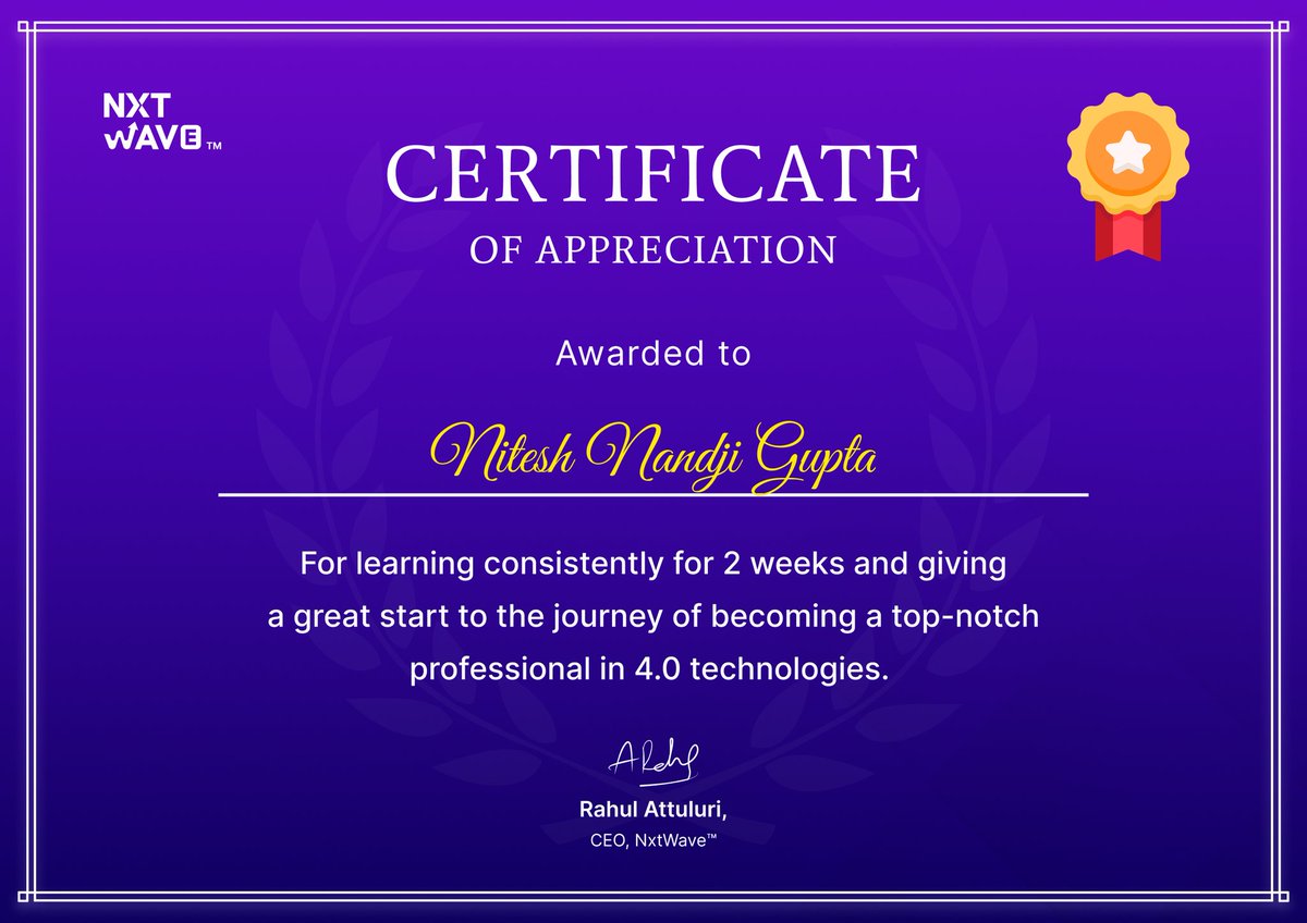 NIck_niteshh's tweet image. Hello guys,👋🏻

I got the certificate for learning consistently for 2 weeks and giving a great start to the journey of becoming a top-notch professional 4.0 technologies. 😎😎
#codetowinchallenge 

@nxtwave_tech 
@rahulattuluri